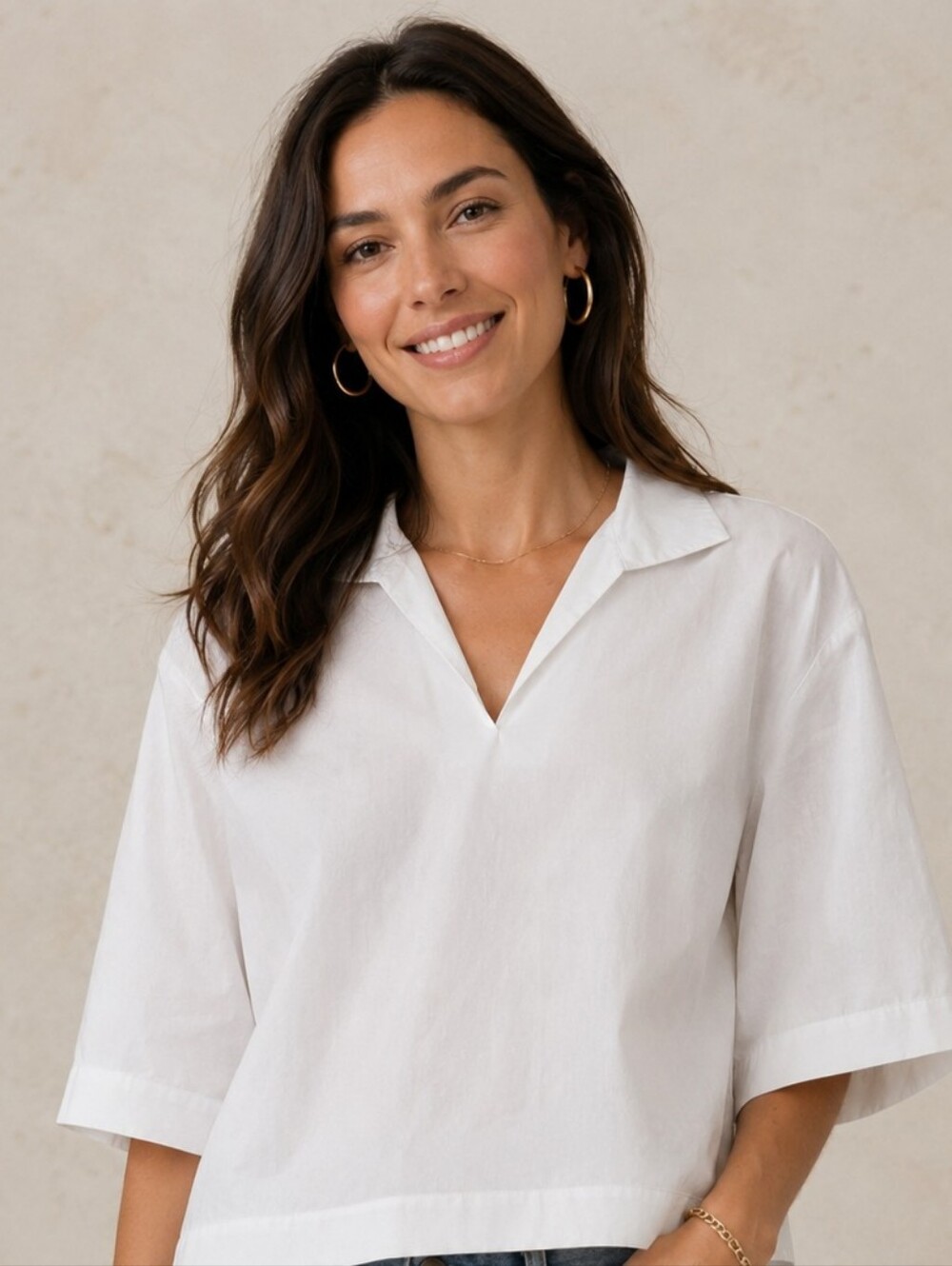 Lafayette 148 White KindCotton Collared Popover V Neck Shirt Sz S